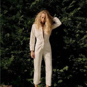 SOLD ZARA white denim jumpsuit with rose gold detailing